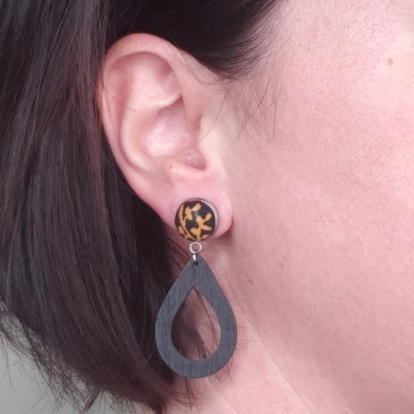 New Handmade | Fabric Button Wooden Earrings - Picture 4 of 4